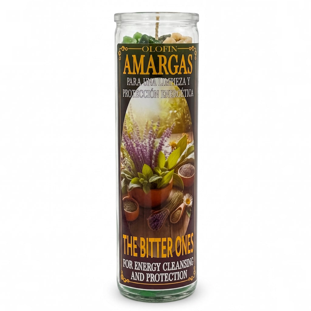 A tall glass jar candle with a colorful label reading 'Olbin Amargas' and 'The Bitter Ones' on a plain white background.