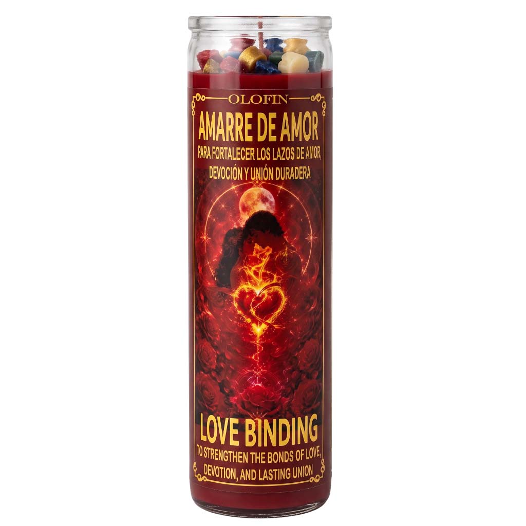 A tall glass devotional candle labeled 'Olofin Amarre de Amor' with a red and black label featuring a glowing heart design and gold text, shown on a plain white background.