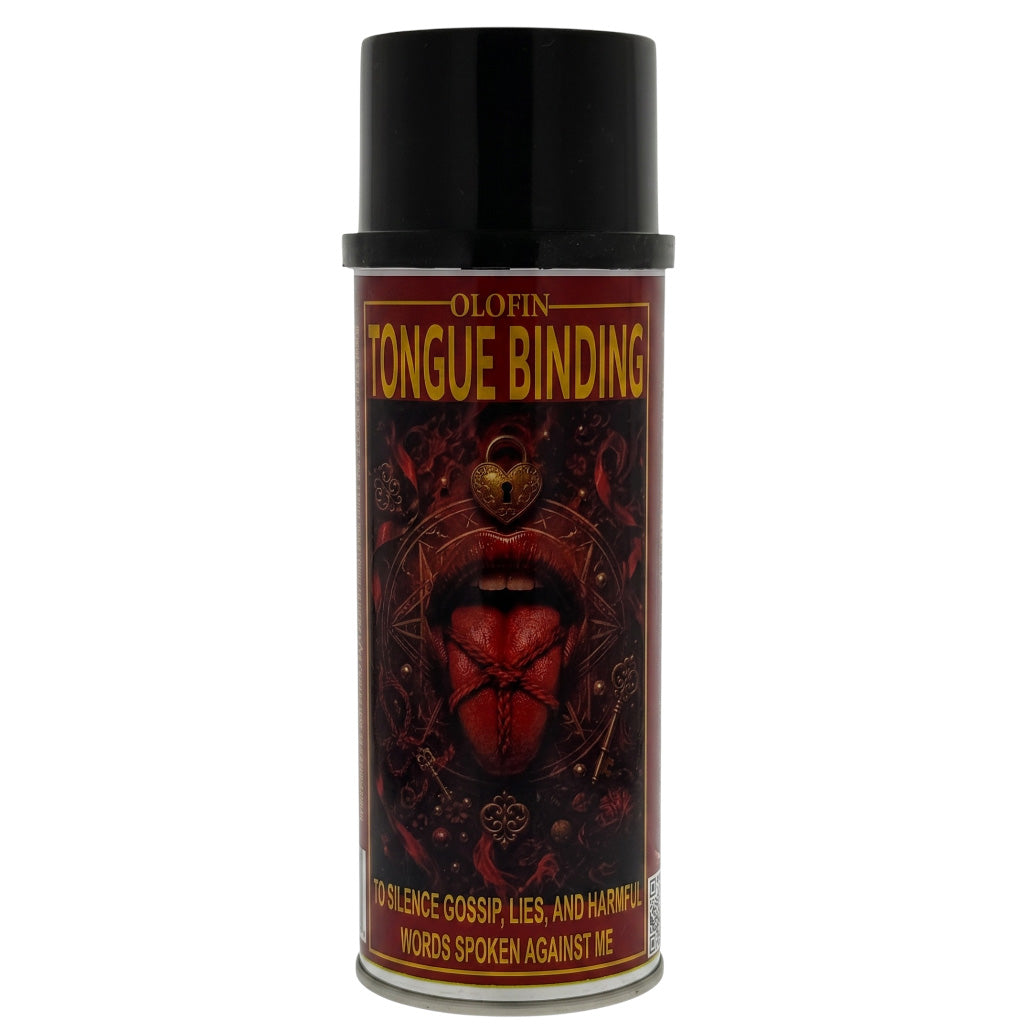 A can of Olofin Tongue Binding spray with a black cap and a dark red label featuring a stylized tongue and lips graphic.