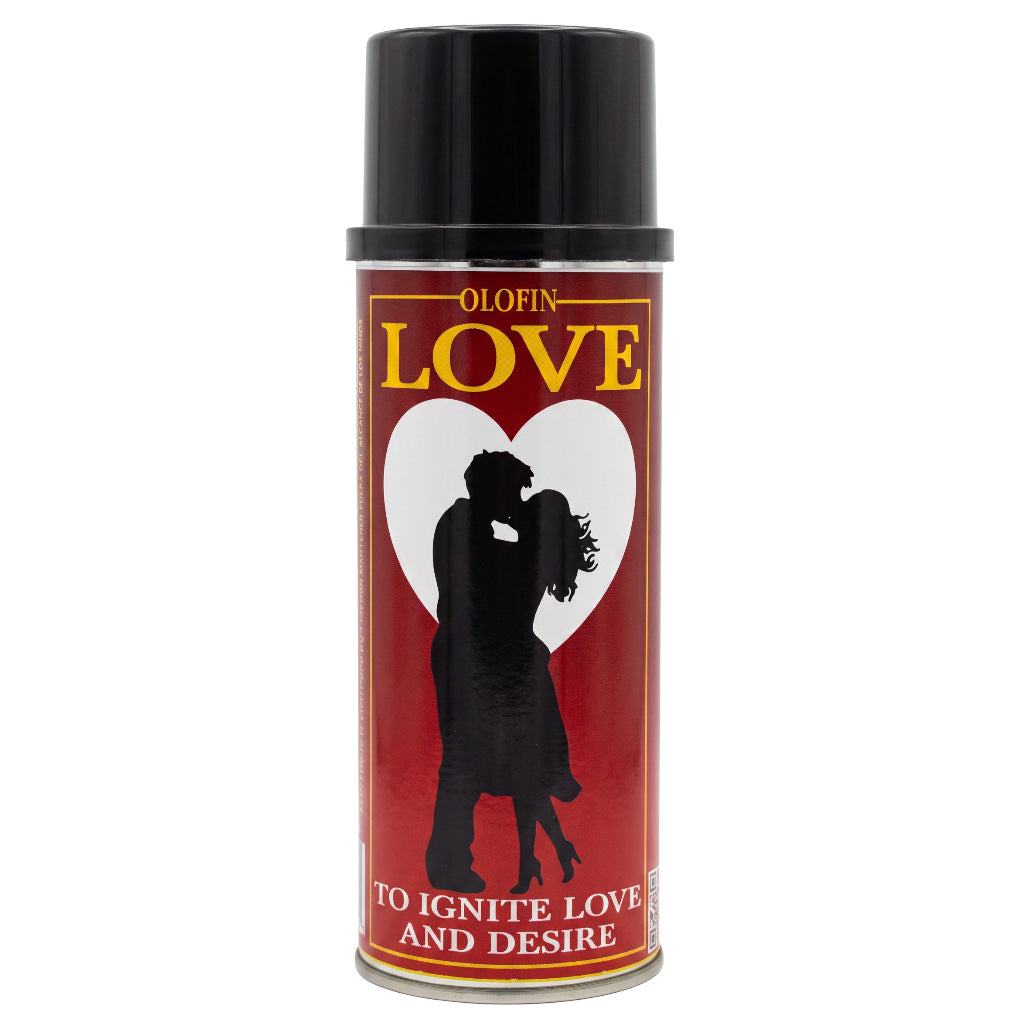 A cylindrical aerosol can of Olofin Love spray with a black cap and a red label featuring a white heart and black silhouette of a couple, on a white background.