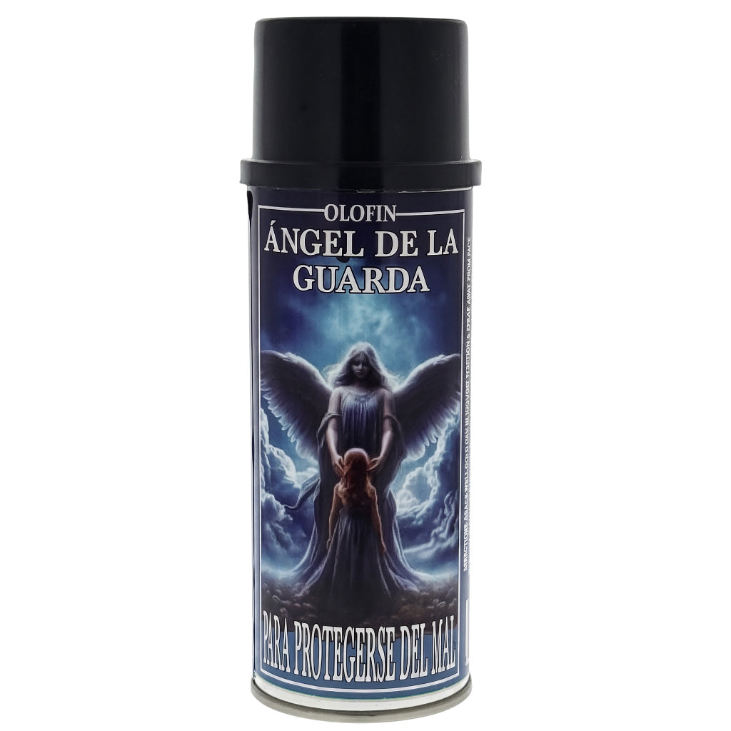 A can of Olofin Angel of the Guard protective spray, featuring a black cap and a label with an illustration of a winged angel holding a child against a stormy blue sky.