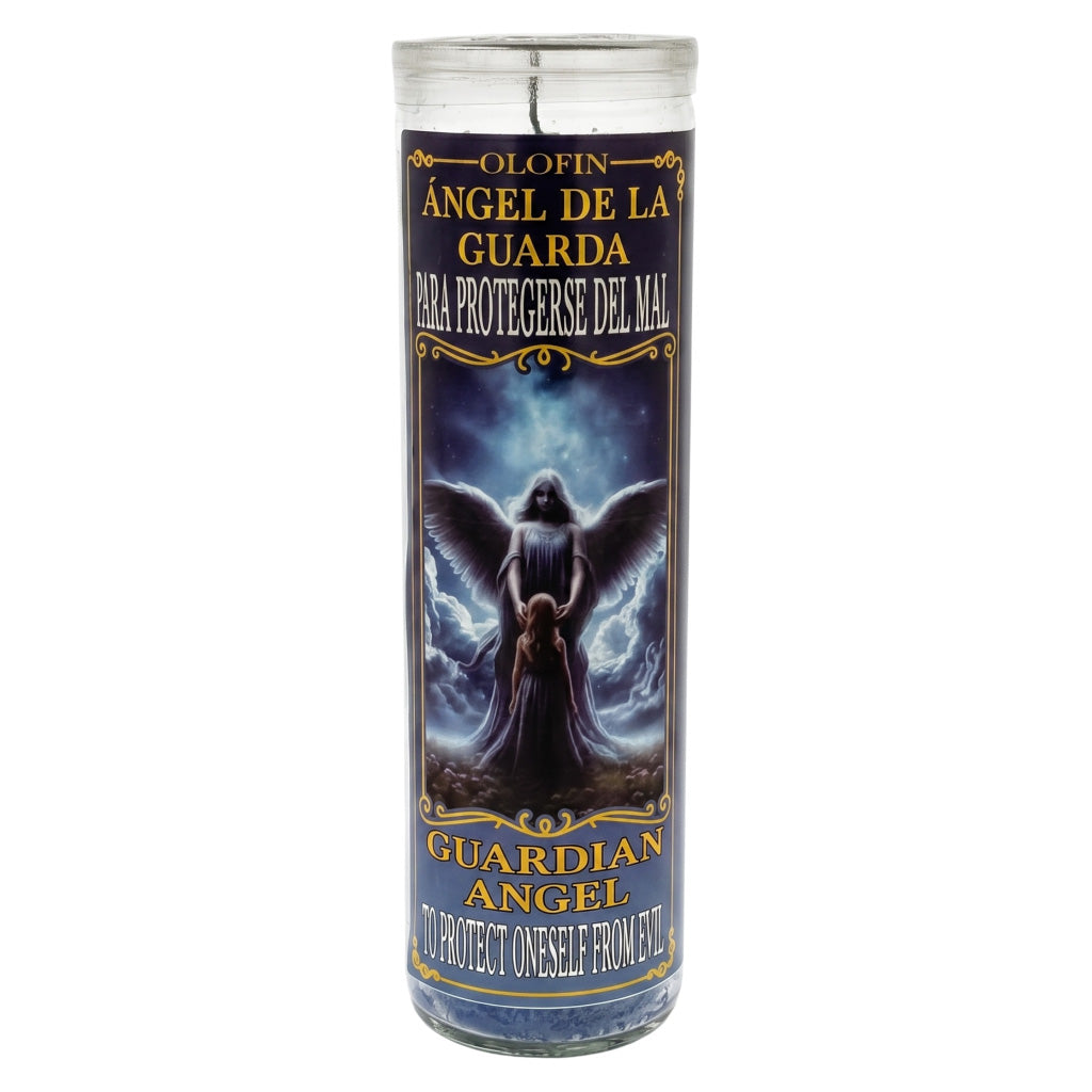 A tall glass prayer candle with a clear lid, featuring a dark label with the Guardian Angel design and Spanish and English text.