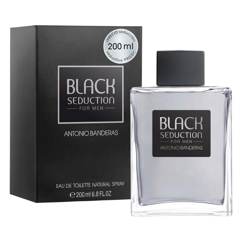 Antonio Banderas Black Seduction perfume bottle and packaging on a white background