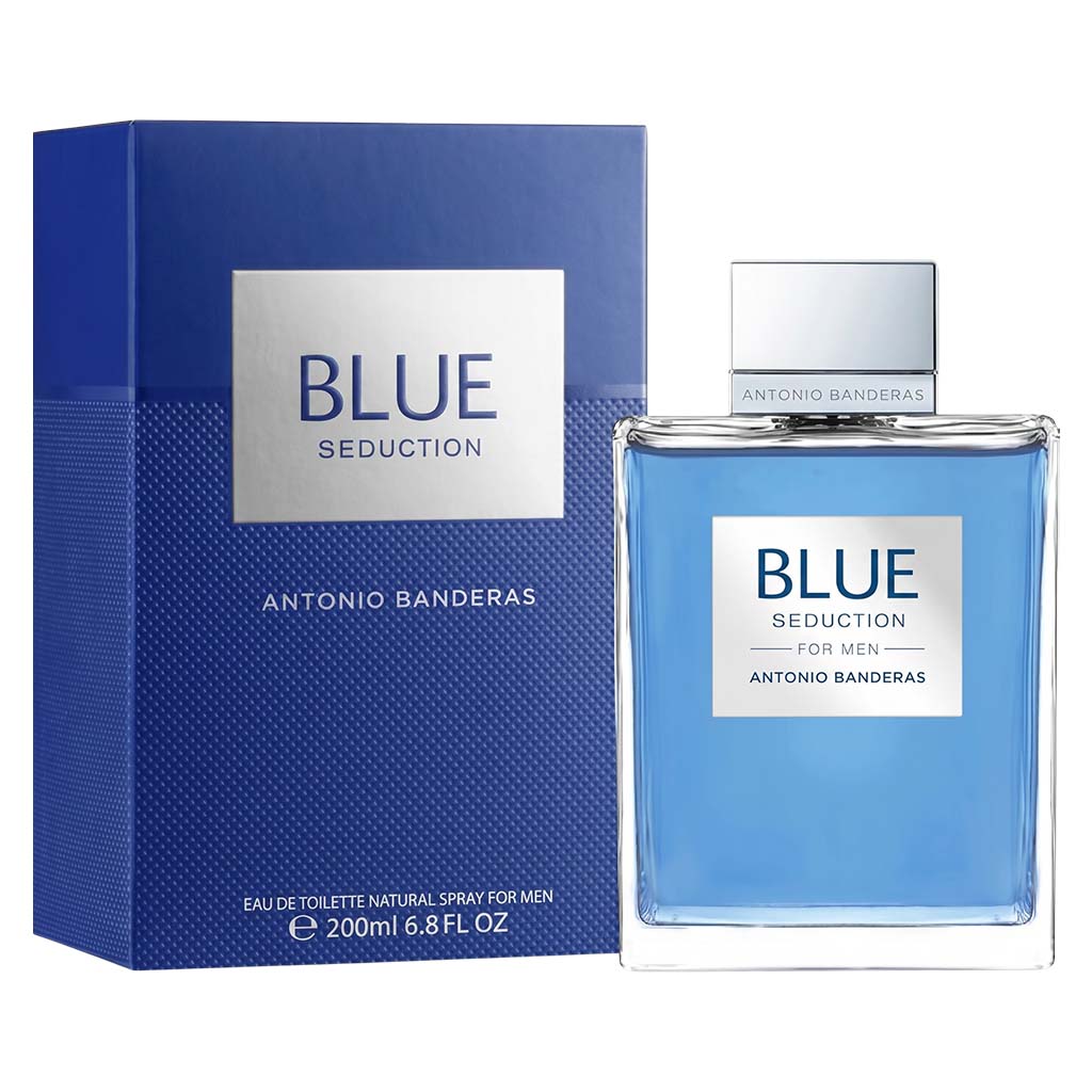 Antonio Banderas Blue Seduction perfume bottle and packaging on a white background