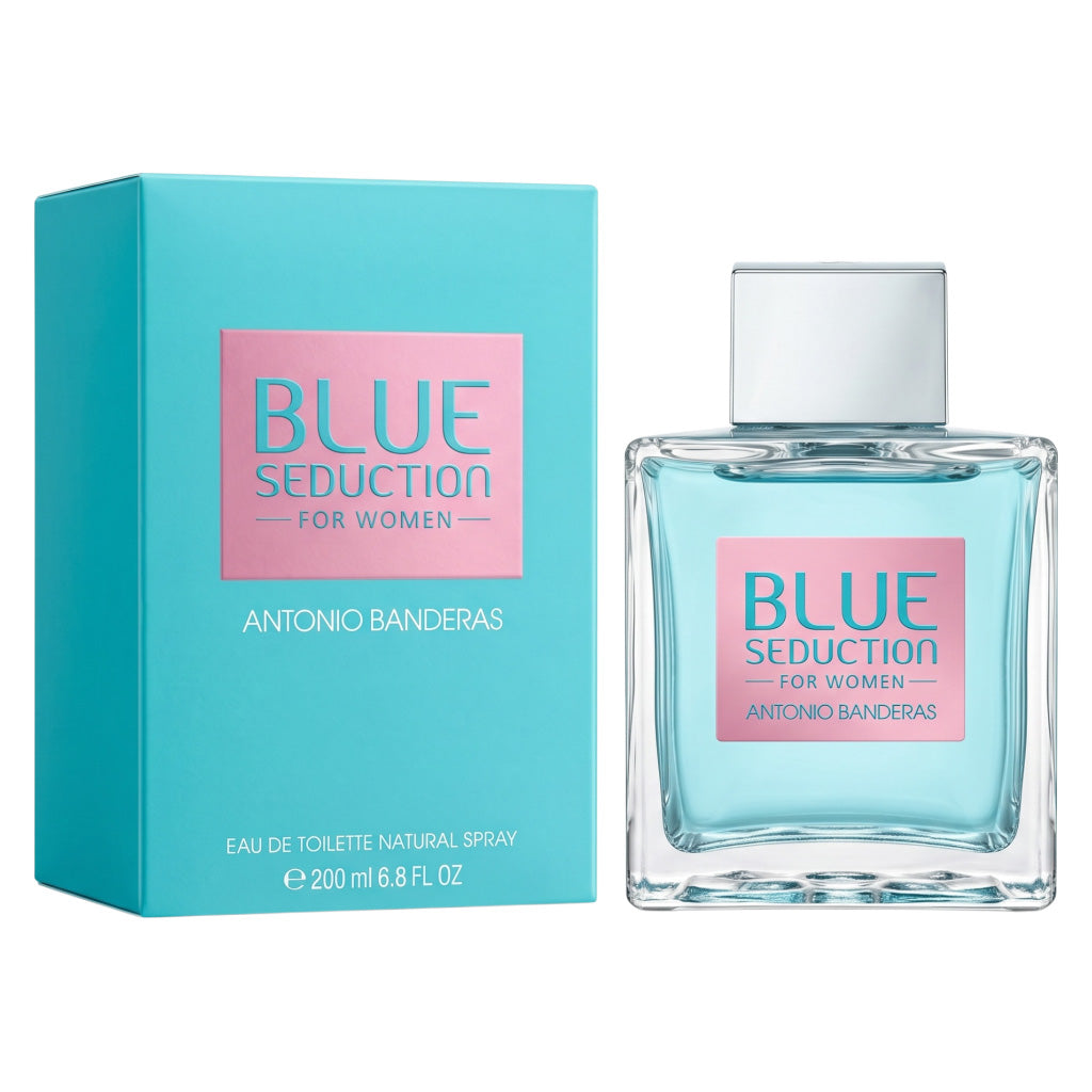 Antonio Banderas Blue Seduction perfume bottle and packaging on a white background