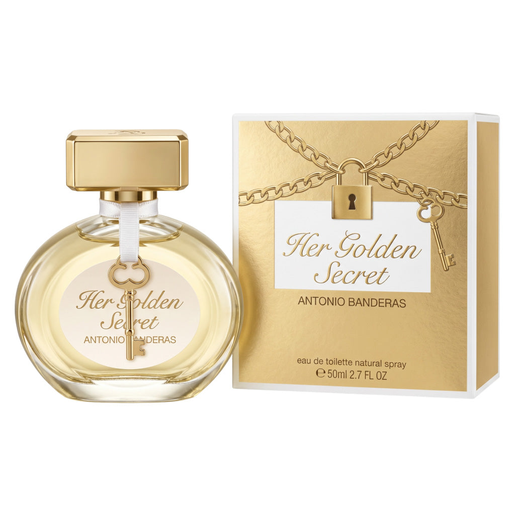 Perfume bottle and packaging of 'Her Golden Secret' by Antonio Banderas on a white background