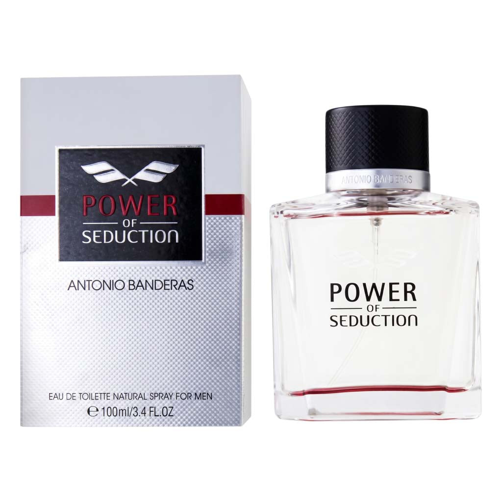 Perfume bottle and packaging of 'Power of Seduction' by Antonio Banderas on a white background