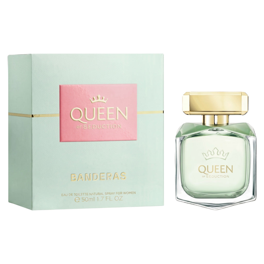 Banderas Queen of Seduction perfume bottle and packaging on a white background