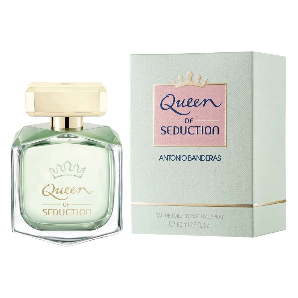 Perfume bottle and packaging of 'Queen of Seduction' by Antonio Banderas on a white background