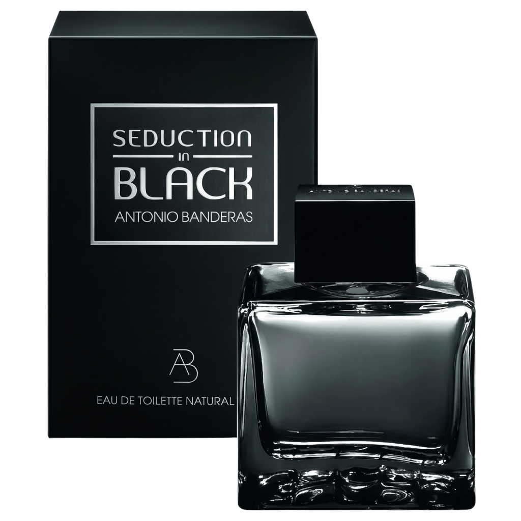 Perfume bottle and packaging of 'Seduction in Black' by Antonio Banderas on a white background