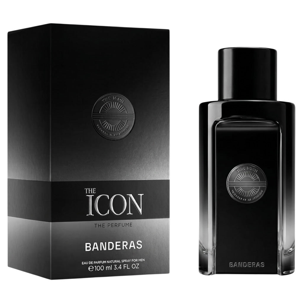 Black perfume bottle and packaging labeled 'The Icon' by Banderas on a white background