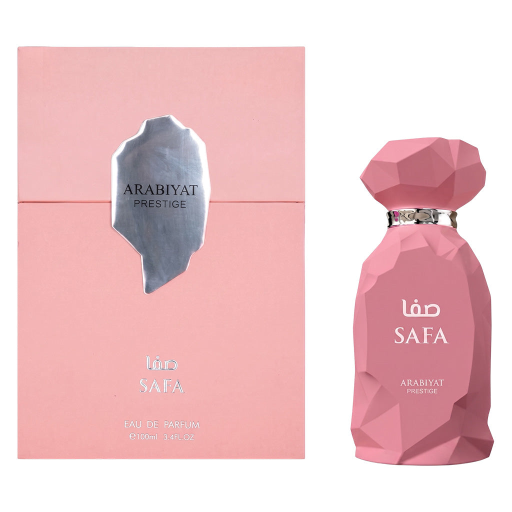 Pink perfume bottle and packaging with 'Arabiyat Prestige' branding on a white background
