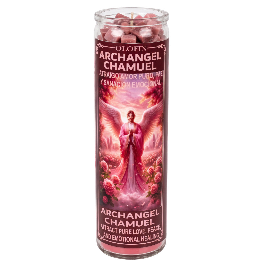 A tall glass jar candle labeled 'Olofin Archangel Chamuel' with a pink and red angel illustration on the front, shown on a plain white background.