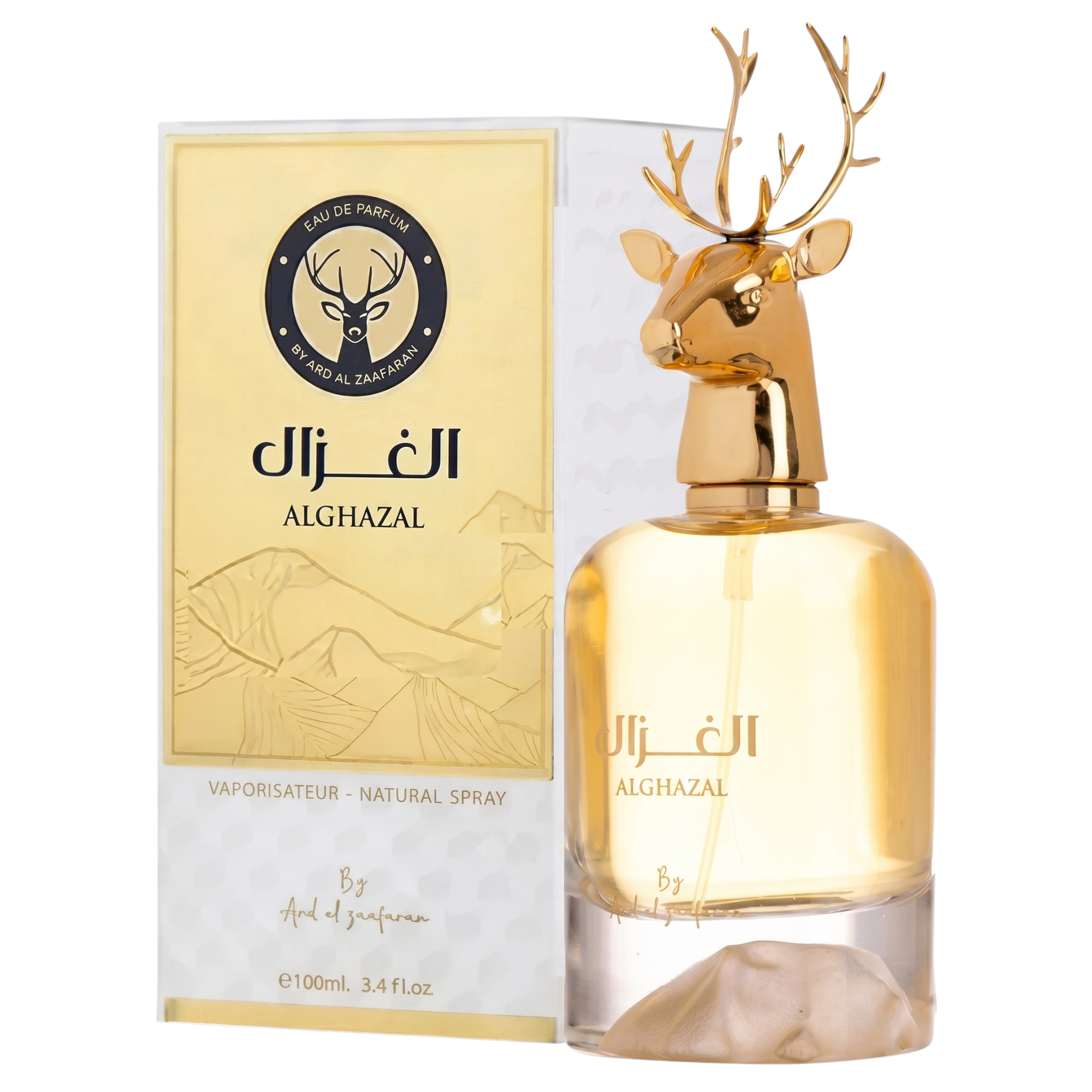 Gold perfume bottle with deer design and packaging on a white background