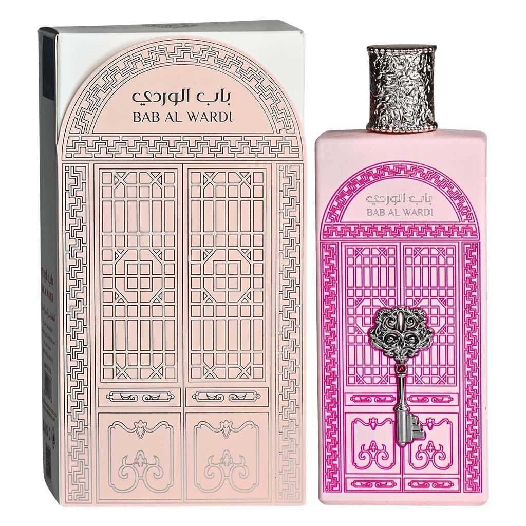 Bab Al Wardi perfume bottle and packaging with decorative design.