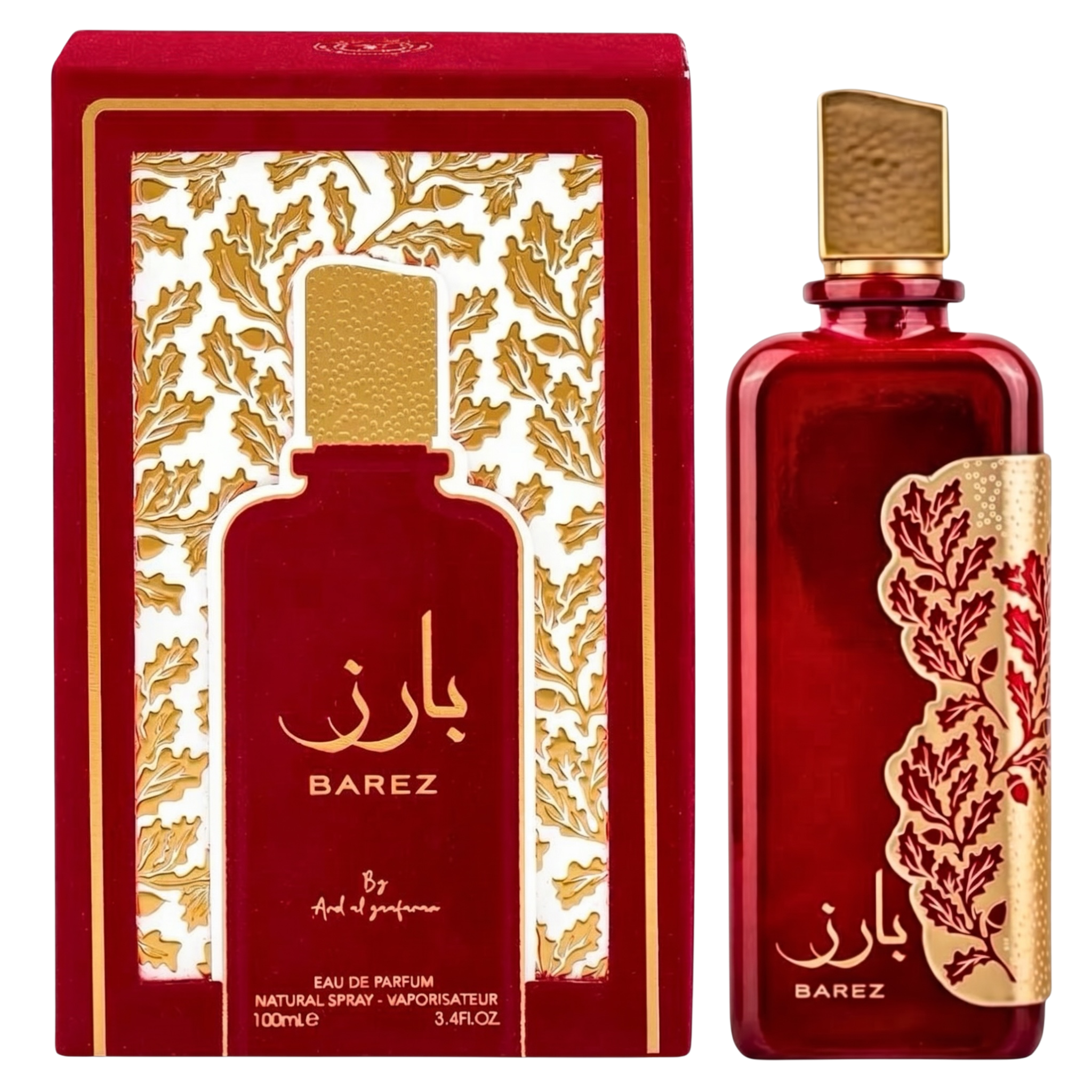 Red and gold Barez perfume bottle with decorative packaging on a white background
