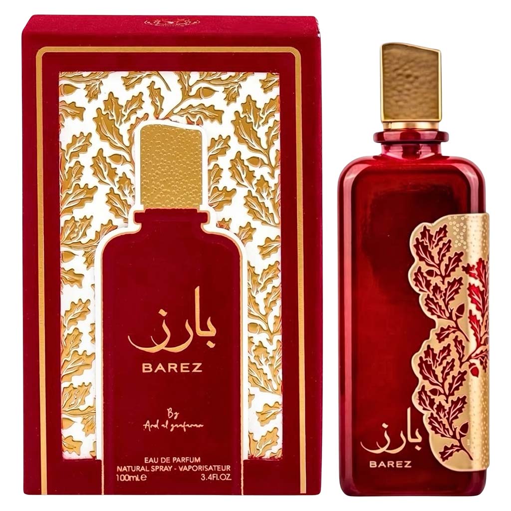 Red and gold Barez perfume bottle with decorative packaging on a white background