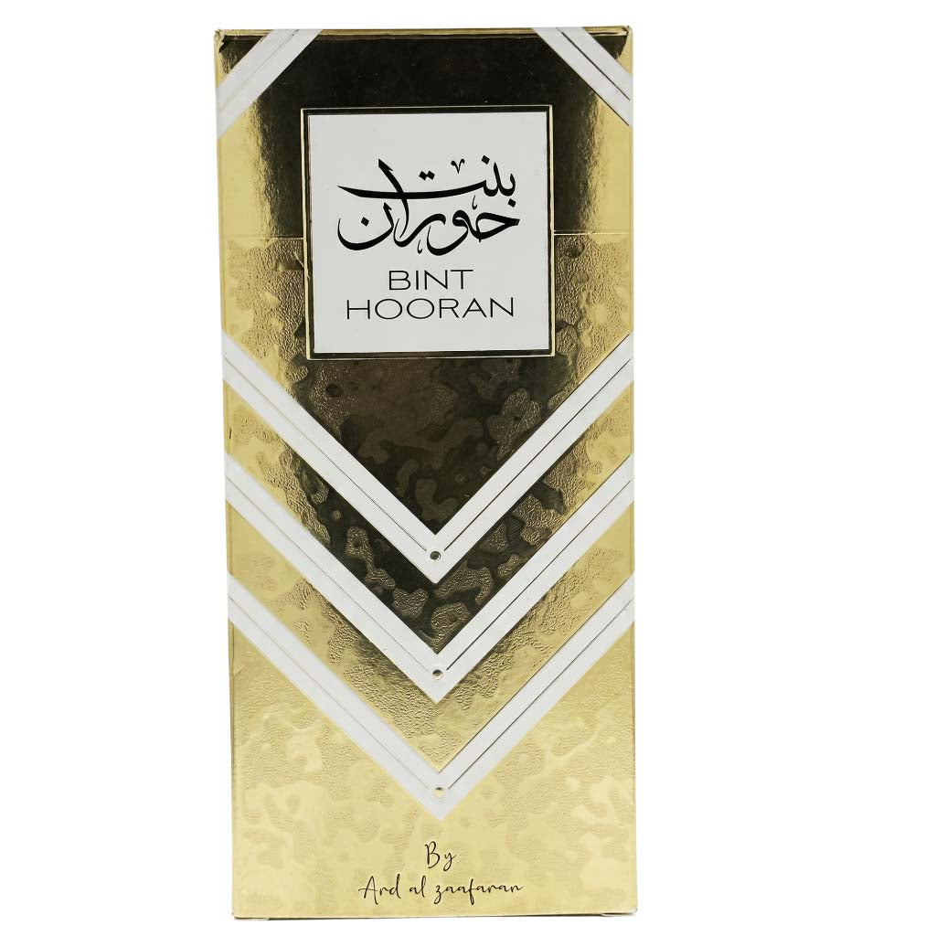 A rectangular perfume box for BINT HOORAN, featuring a metallic gold and white geometric chevron design with Arabic calligraphy and the brand name 'By Arafat Zaafaran' at the bottom, set against a plain white background.