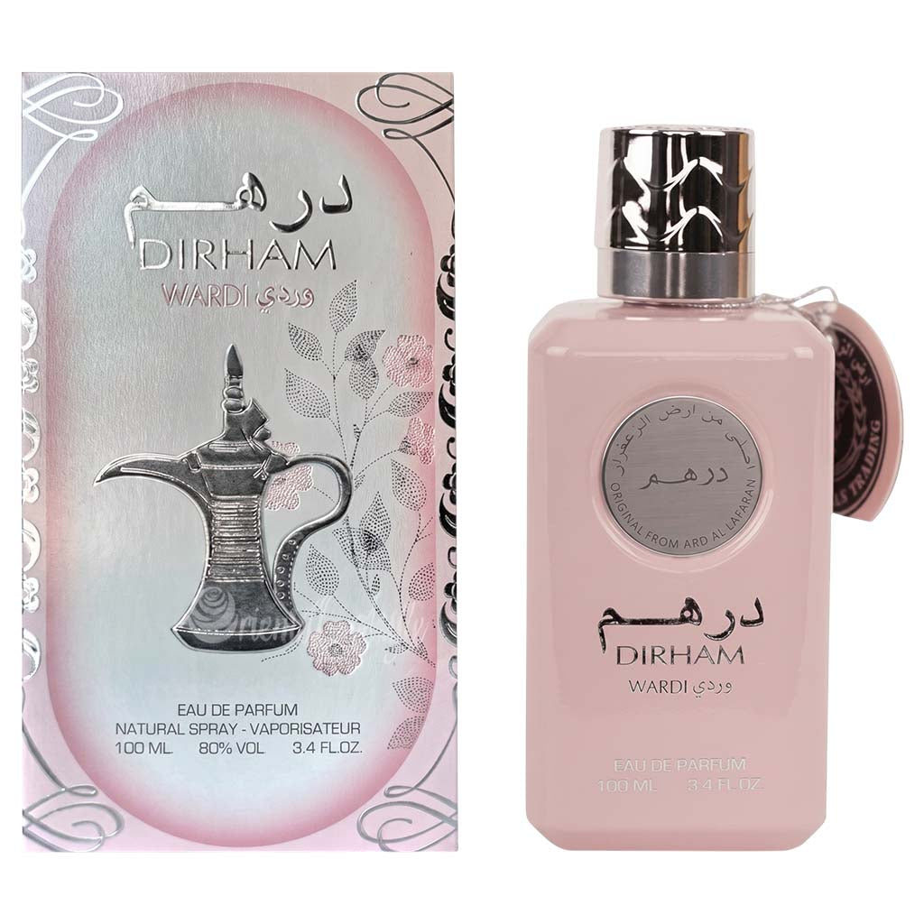 Dirham Wardi perfume bottle and packaging on a white background
