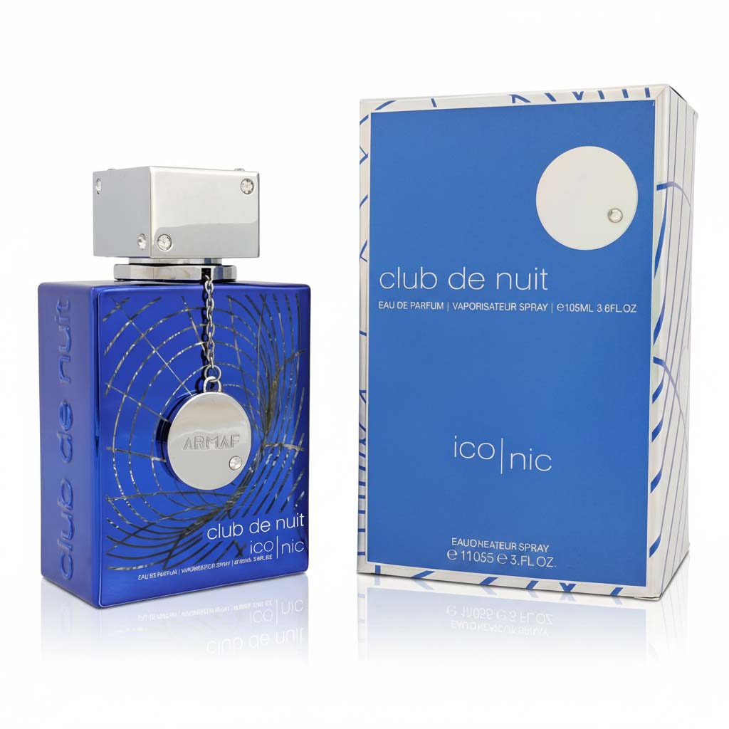 Blue perfume bottle and packaging labeled 'club de nuit' by 'ico nic' on a white background