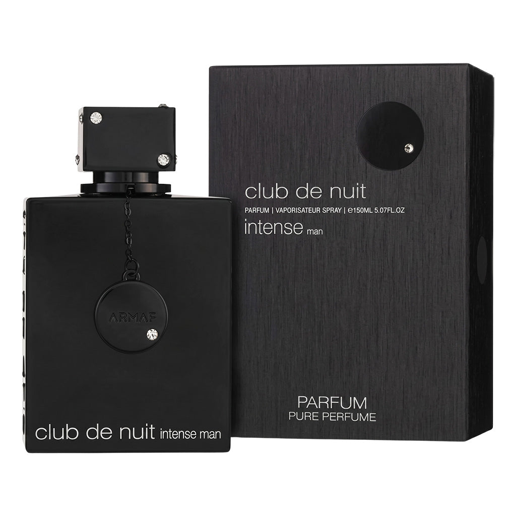 Black Armaf Club de Nuit Intense Man perfume bottle and packaging on a white background