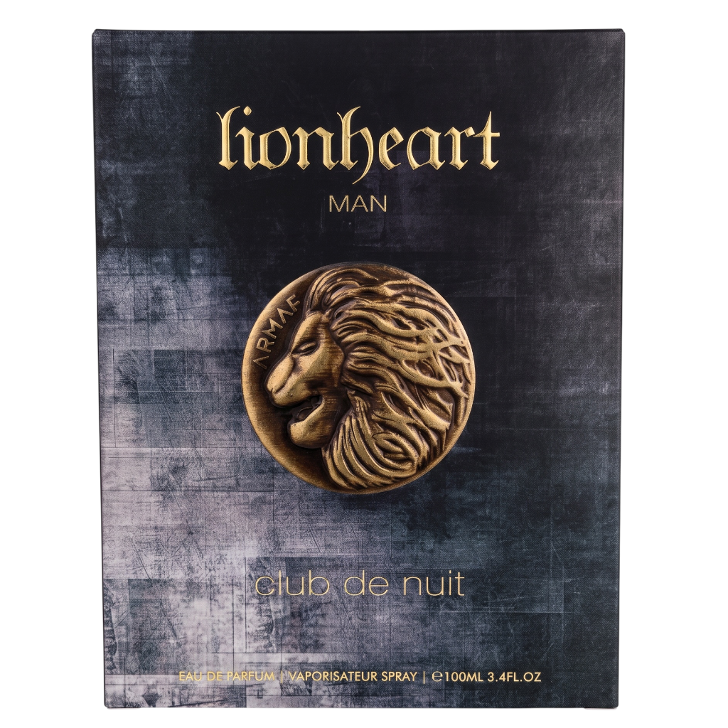 Lionheart Man Club de Nuit cologne packaging box, featuring a textured dark gray and black background with gold lettering and a central gold lion head medallion.