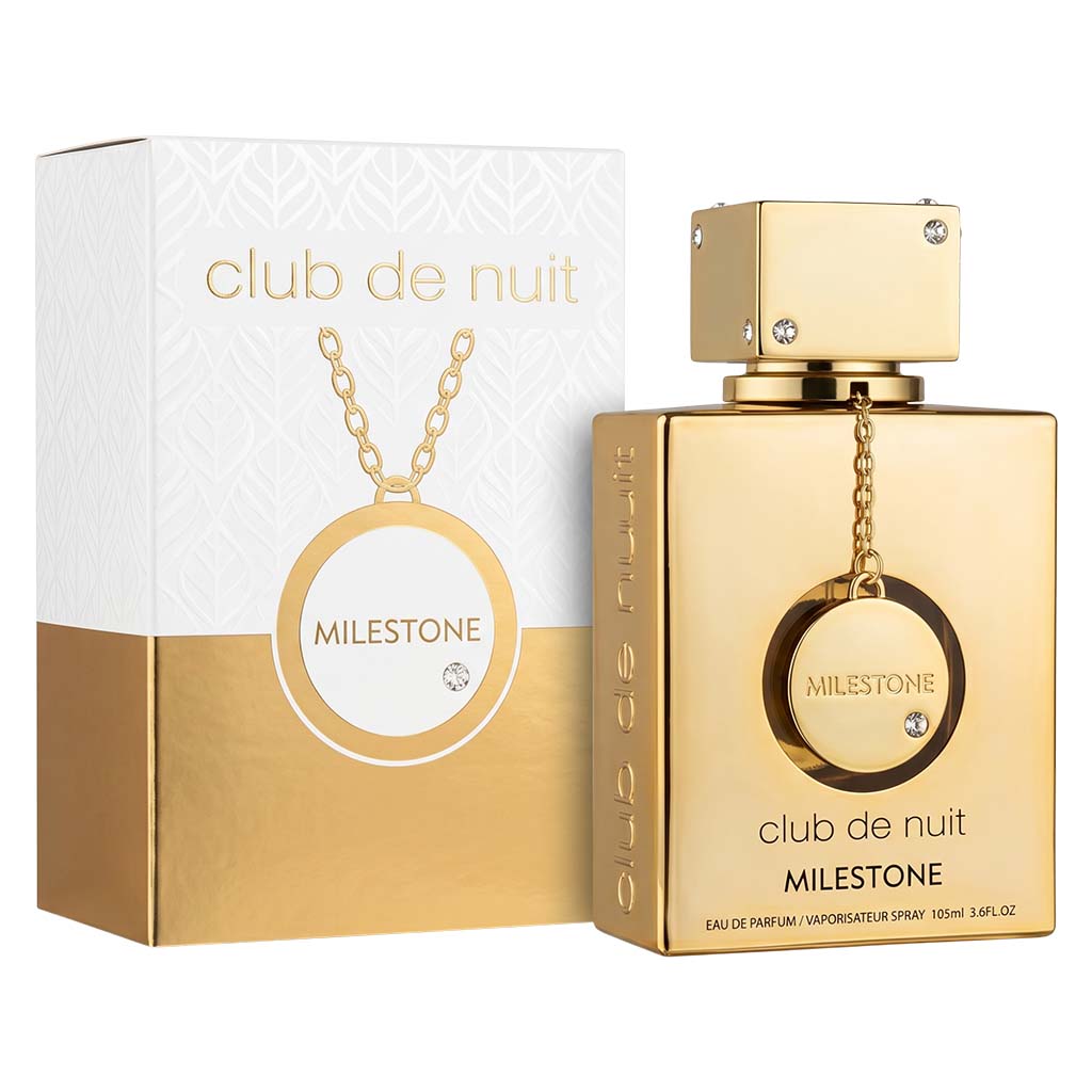 Gold Milestone Club de Nuit perfume bottle and packaging on a white background