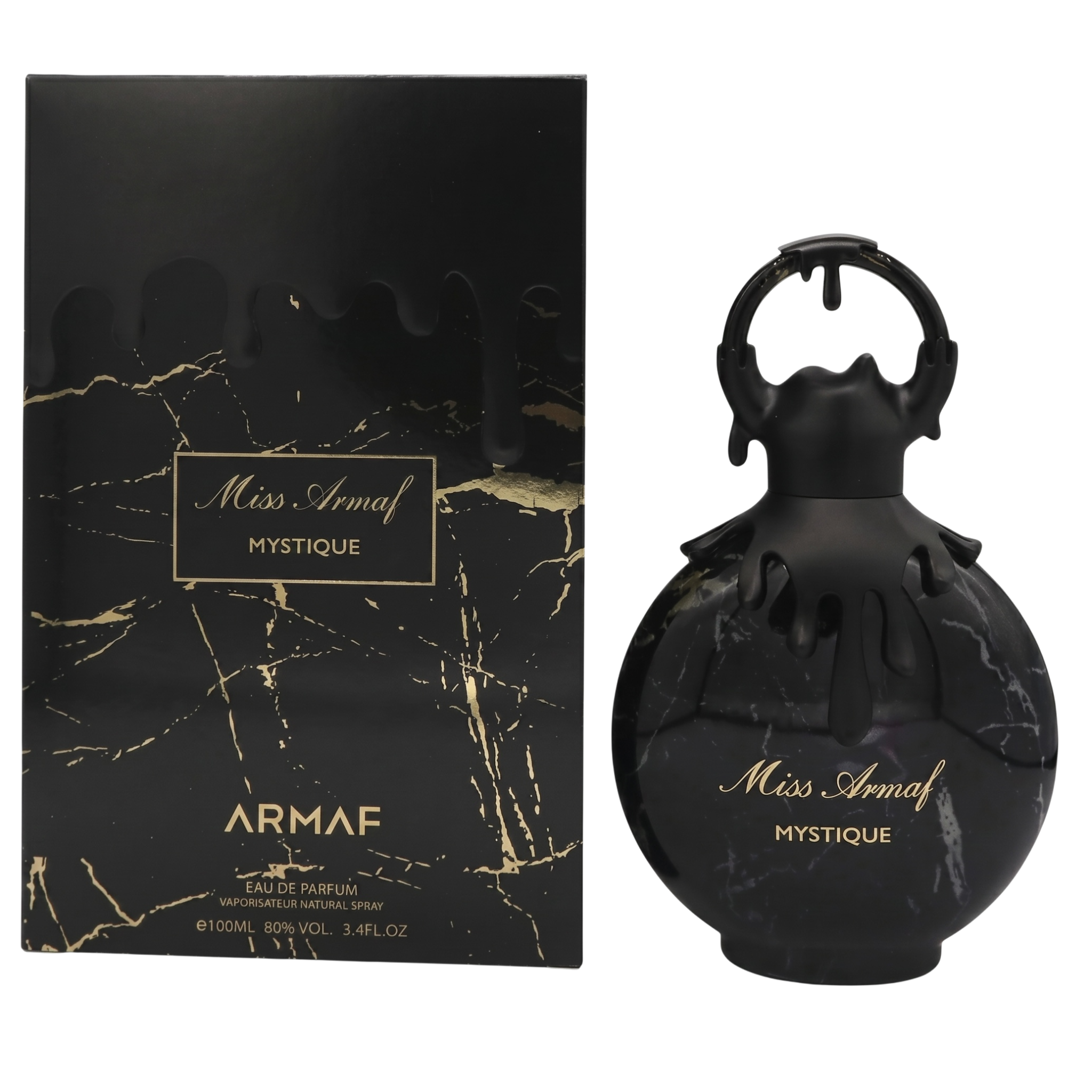 Black marble-textured Armaf Miss Armaf Mystique perfume bottle and packaging on a white background