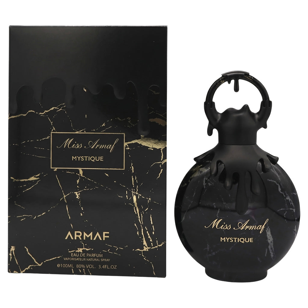 Black marble-textured Armaf Miss Armaf Mystique perfume bottle and packaging on a white background
