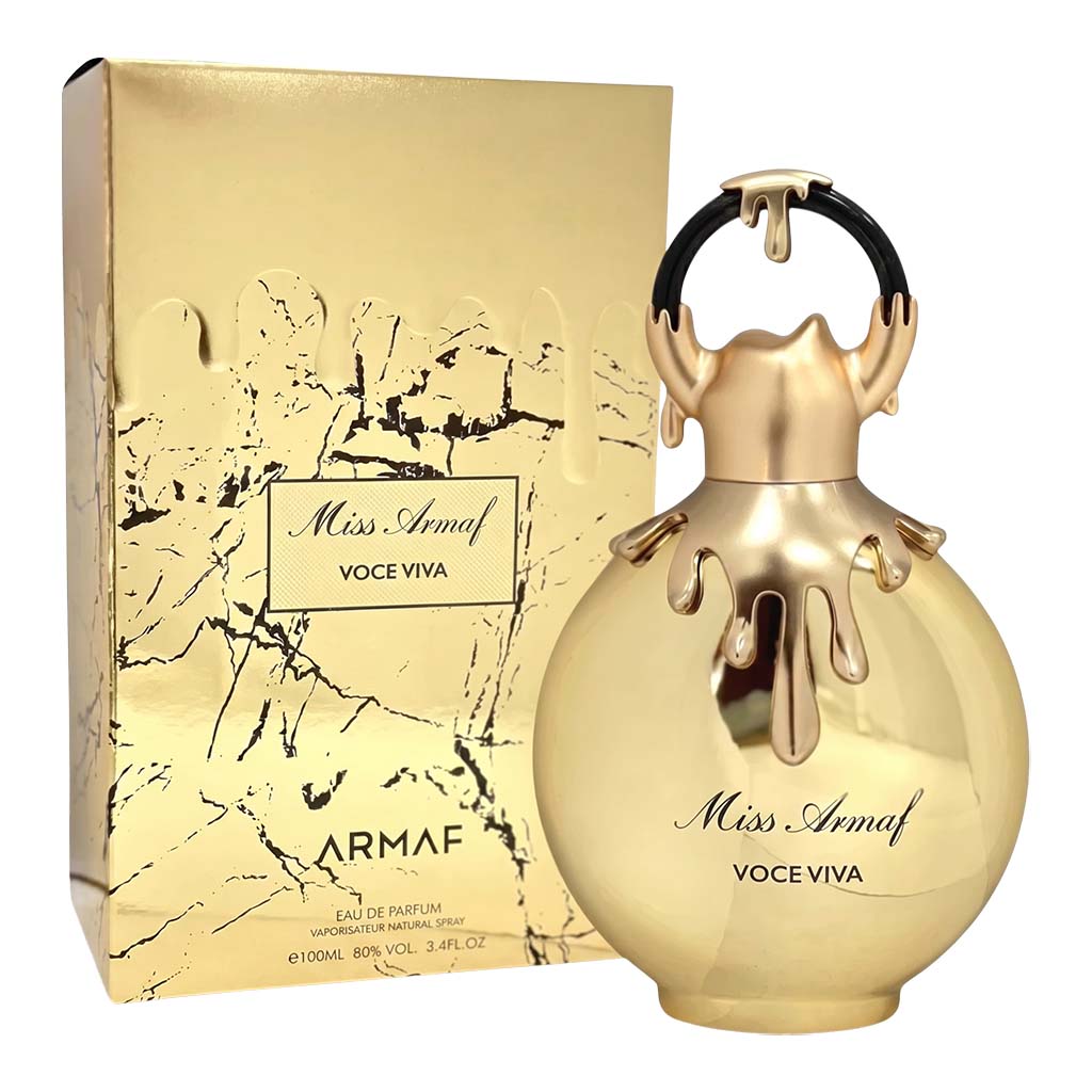 Gold Armaf Miss Armaf Voce Viva perfume bottle and packaging on a white background