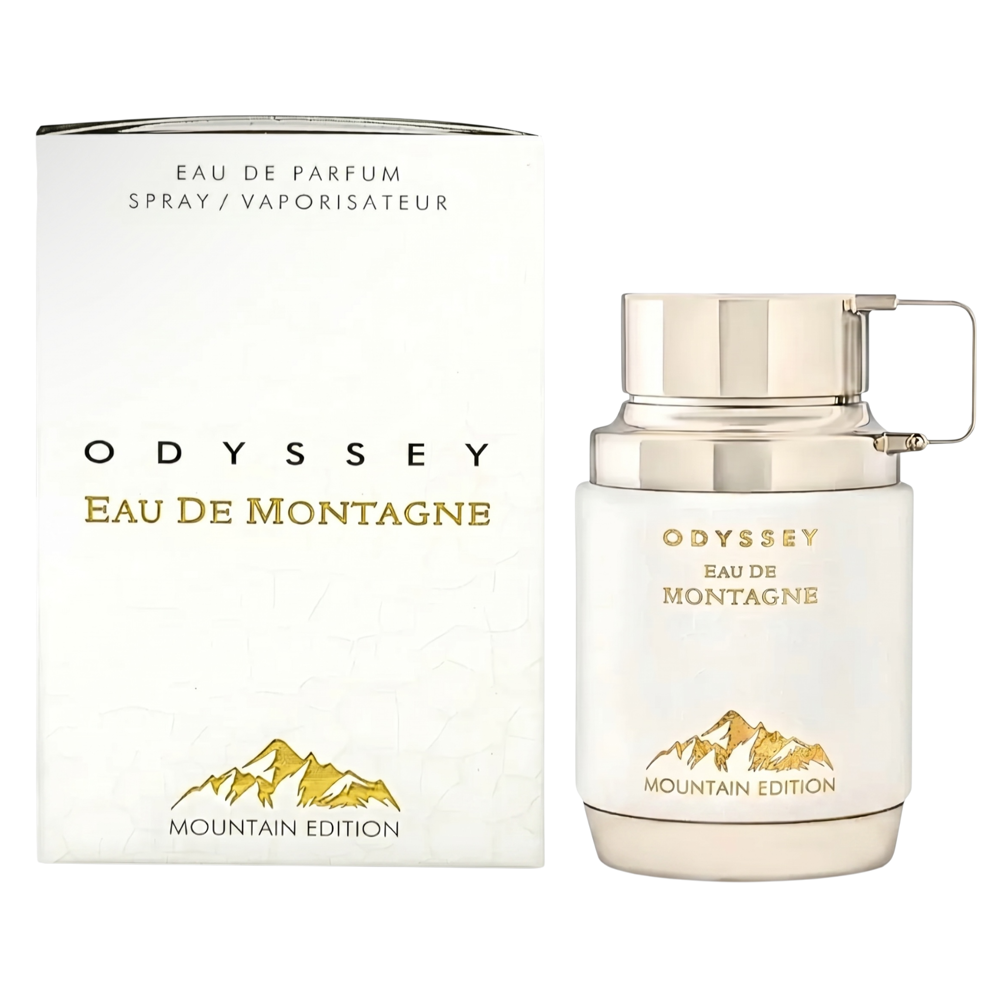 Odyssey Eau De Montagne perfume bottle and packaging on a white background