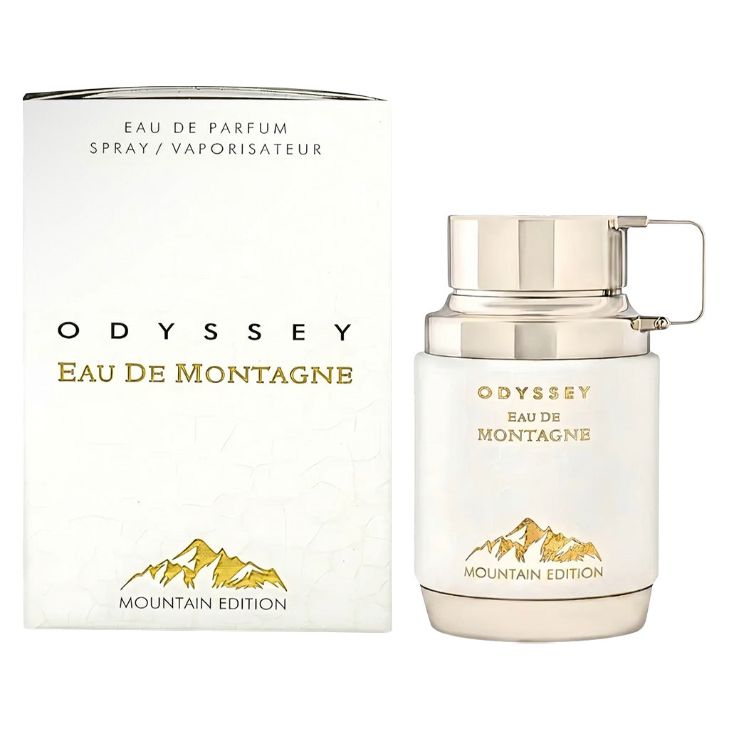 Odyssey Eau De Montagne perfume bottle and packaging on a white background