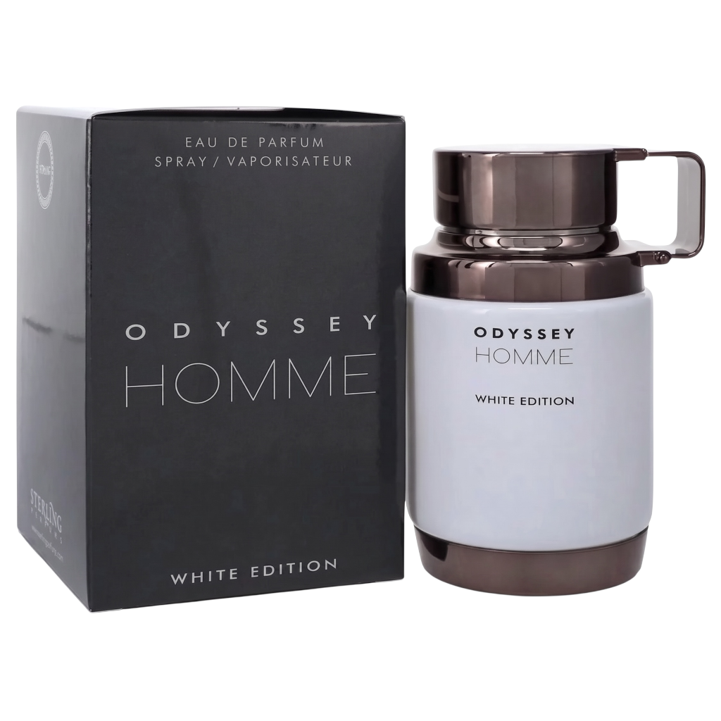Odyssey Homme White Edition Eau de Parfum bottle next to its black packaging box, featuring a white body, dark metallic cap, and silver lettering.