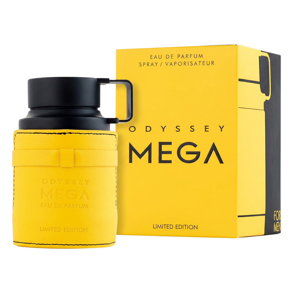 Odyssey Mega perfume bottle and packaging on a white background