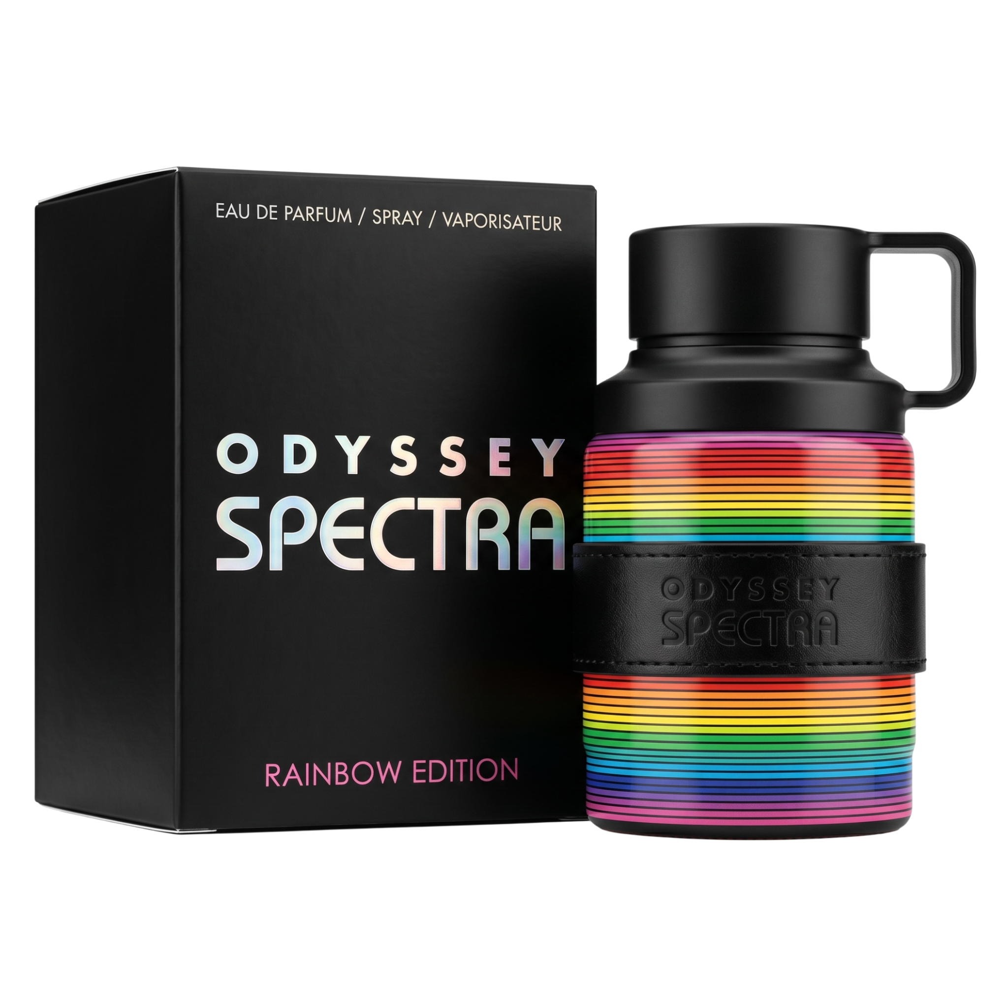 Odyssey Spectra Rainbow Edition perfume bottle and packaging on a white background