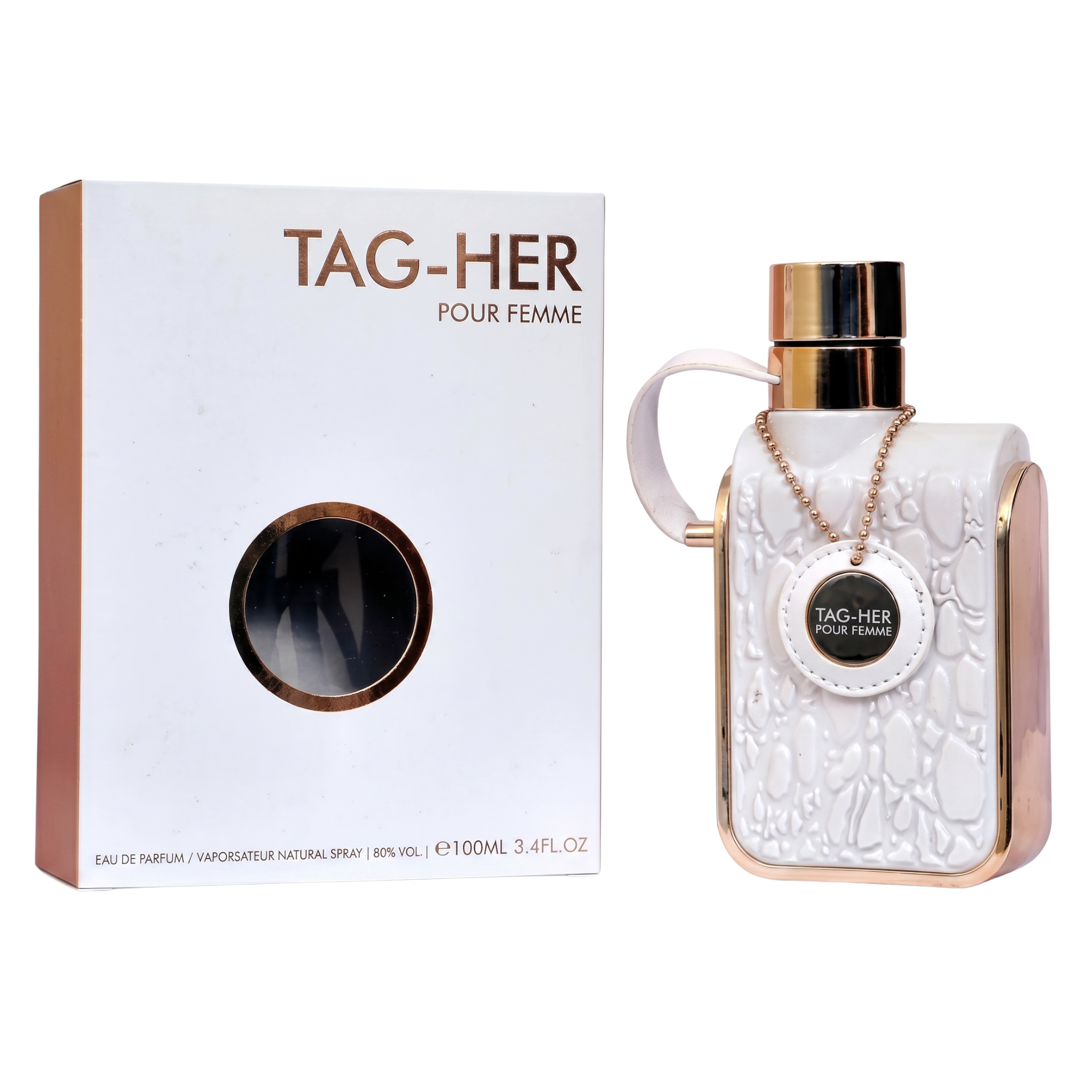 TAG-HER perfume bottle and packaging on a white background