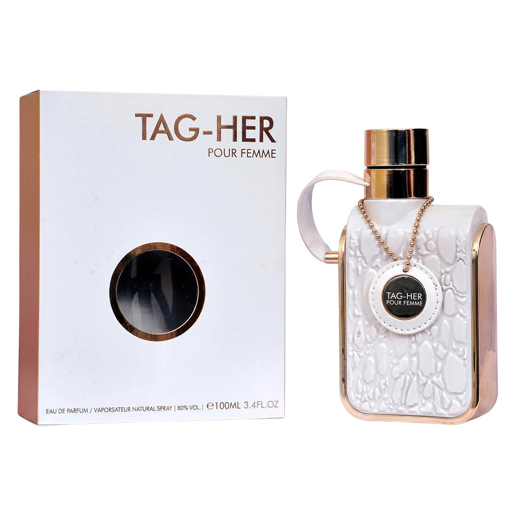 TAG-HER perfume bottle and packaging on a white background