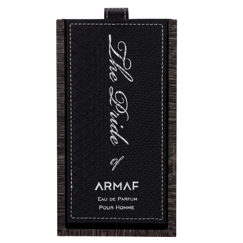 A rectangular black leather perfume tag or label with white stitched border, featuring the text 'The Pride of ARMAF' and 'Eau de Parfum Pour Homme' in white on a white background.