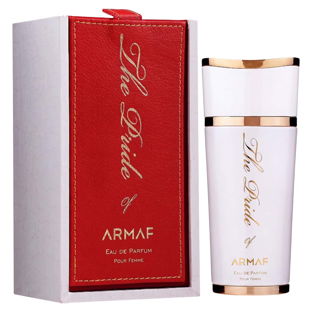 Armaf perfume bottle and red box on a white background