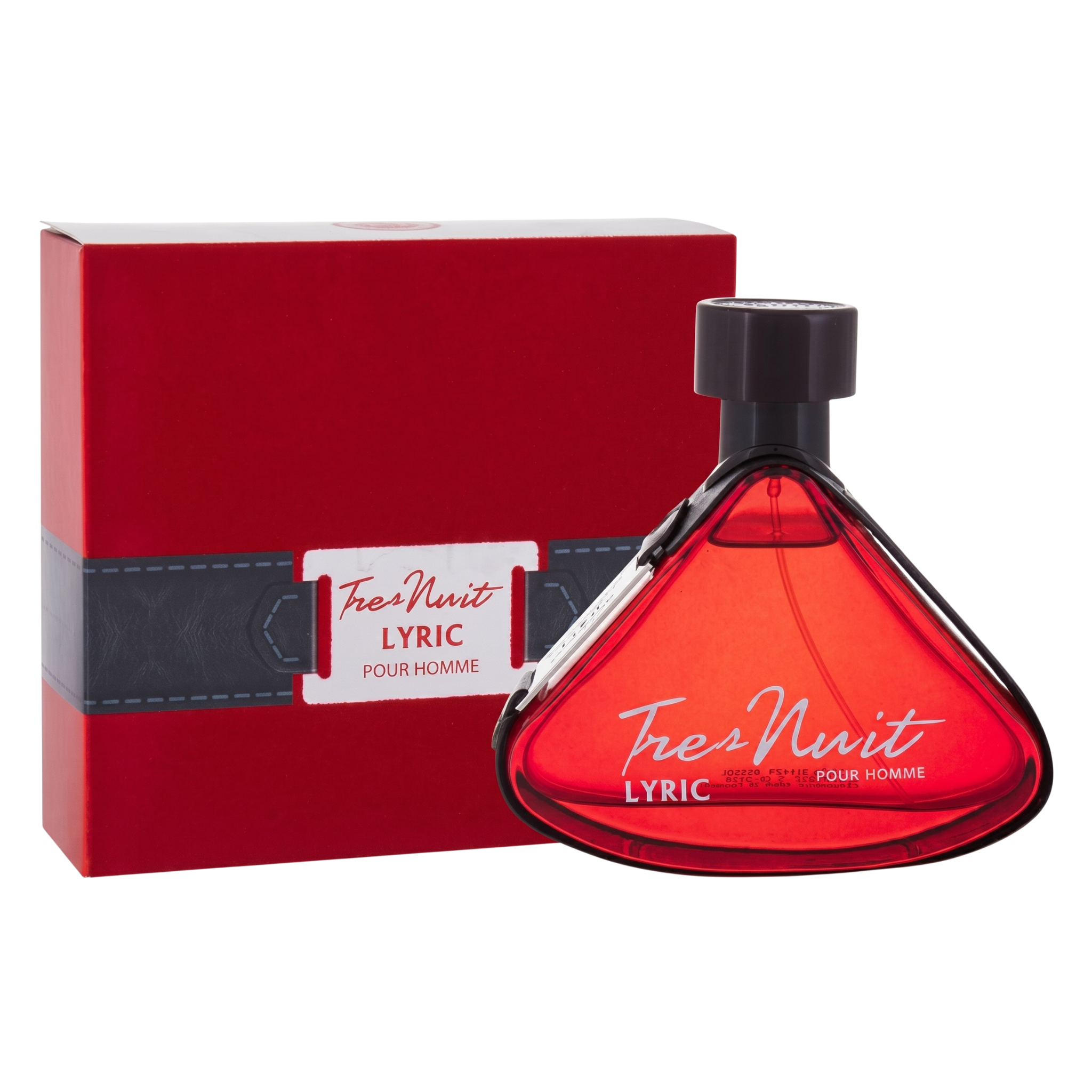 Red perfume bottle and packaging with 'Fres Nuit Lyric' branding on a white background