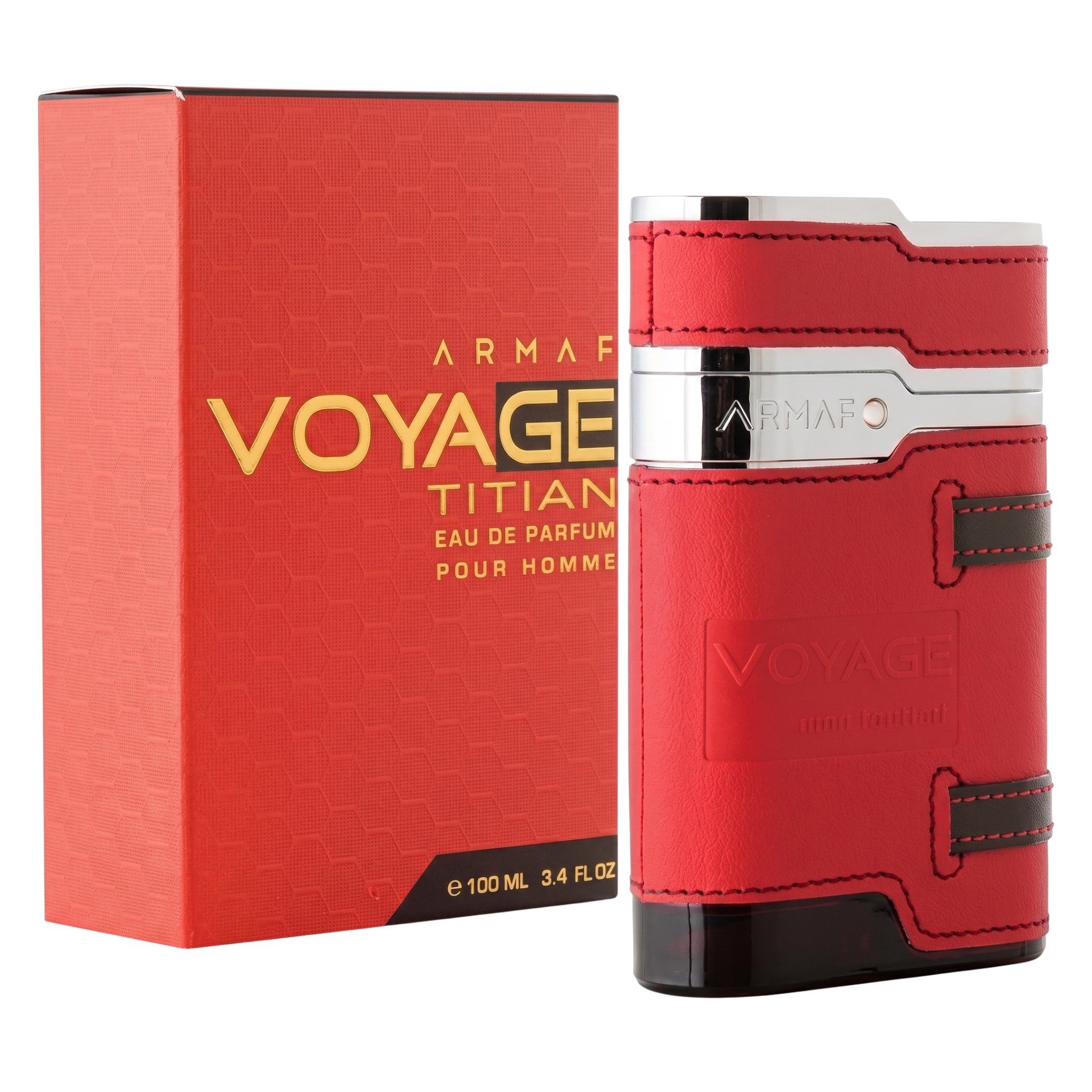 Red Armaf Voyage Titan perfume bottle and packaging on a white background