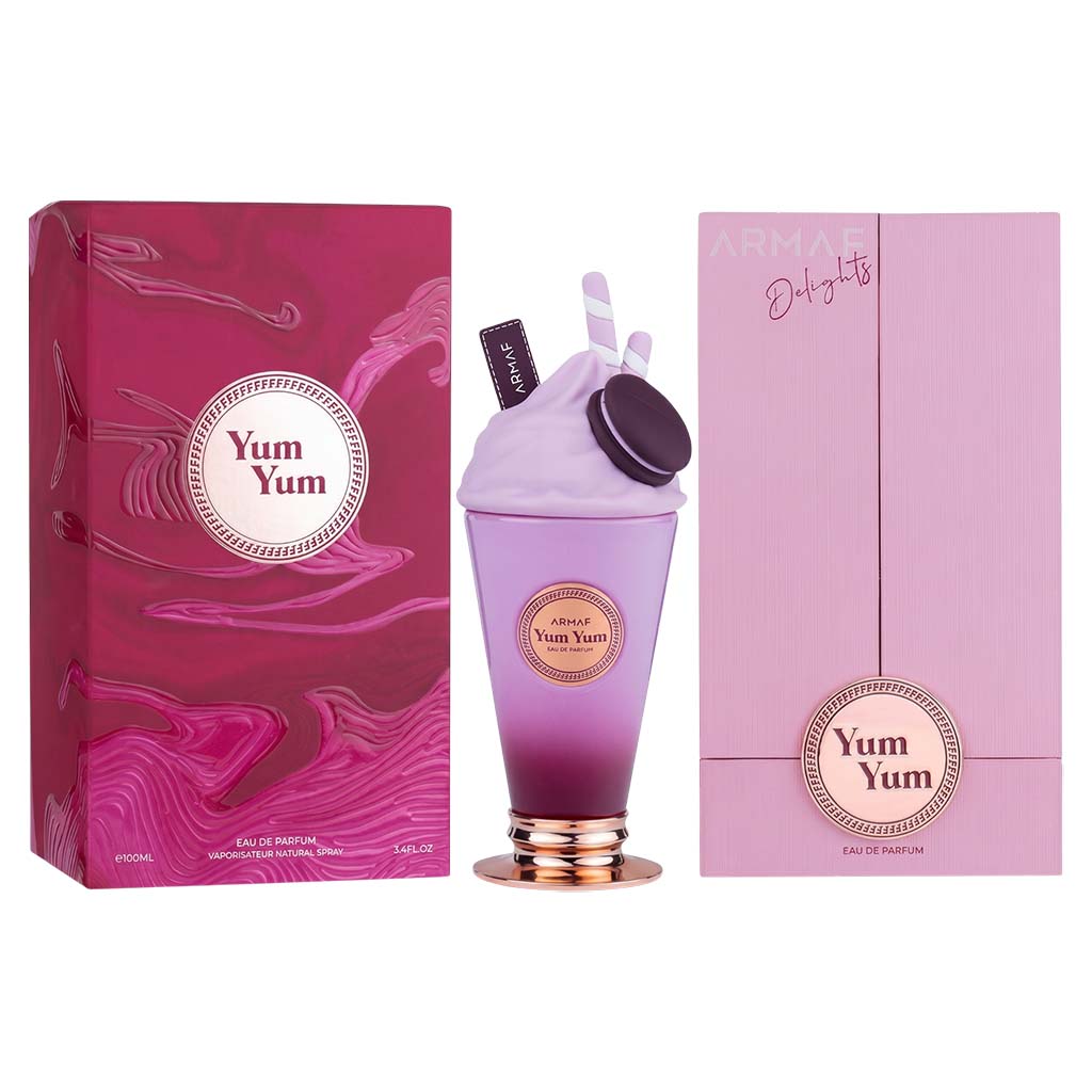 Yum Yum perfume bottle and packaging on a white background