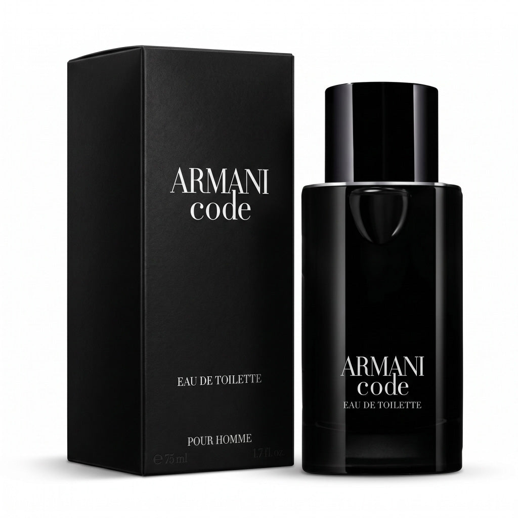 Black Armani Code perfume bottle and packaging on a white background