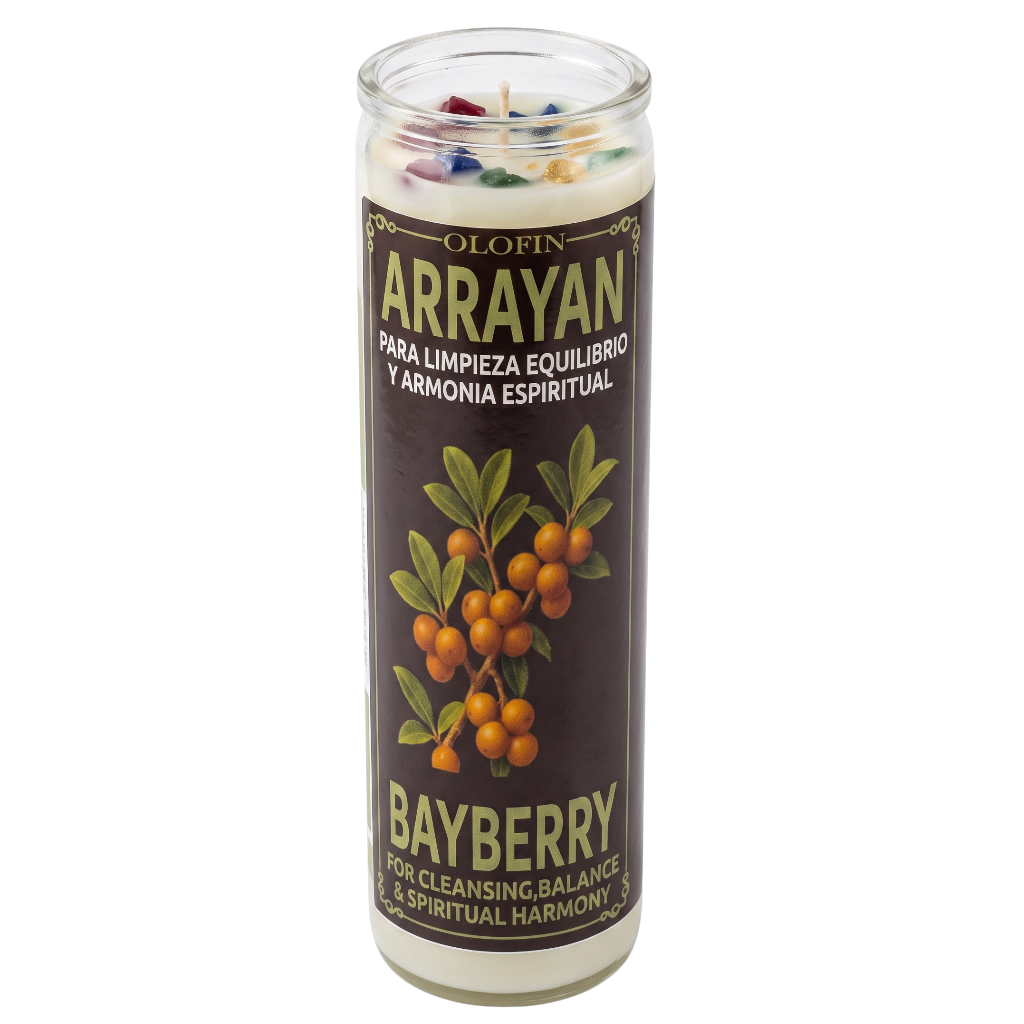 Olofin Arrayan Bayberry candle in a tall clear glass jar with a dark brown label featuring bayberry illustrations, shown on a white background.