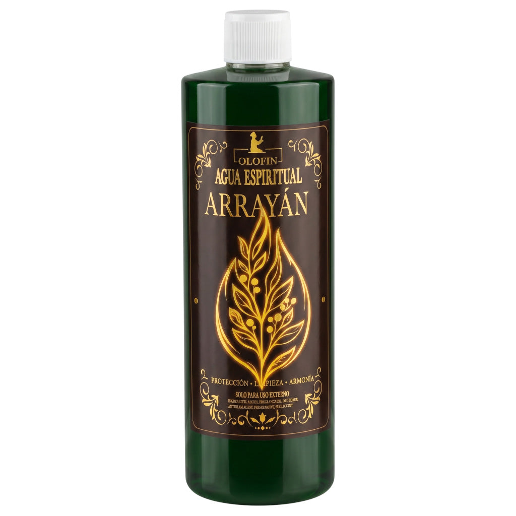 A 16oz bottle of Olofin Agua Espiritual Arrayán, featuring a dark green translucent plastic bottle with a white cap and a dark brown label with gold lettering and a leaf design.