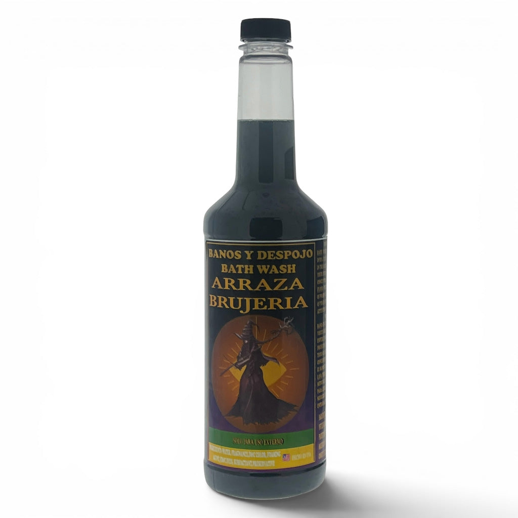 A bottle of Arraza Brujeria bath wash with dark liquid, featuring a black cap and a label with a witch illustration on a white background.