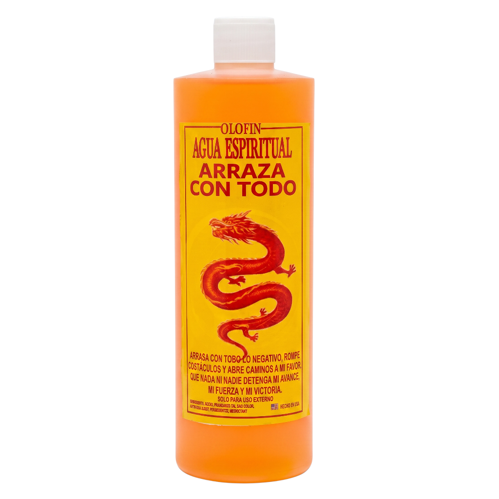 A bottle of Olofin Agua Espiritual Arraza con Todo spiritual water, featuring a bright orange liquid and a yellow label with a red dragon illustration.