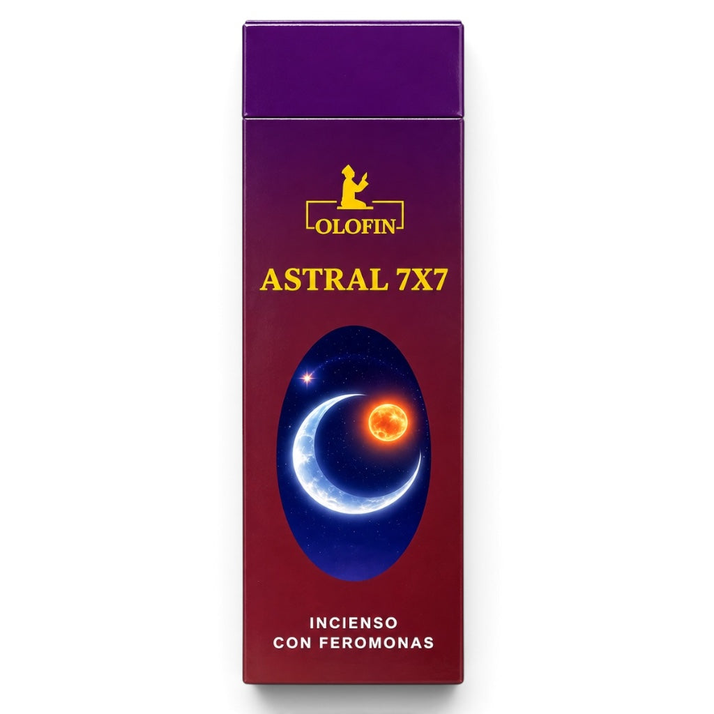 A tall rectangular product box for Olofin Astral 7X7 incense with feromonas, featuring a purple-to-red gradient design with a crescent moon and sun graphic.