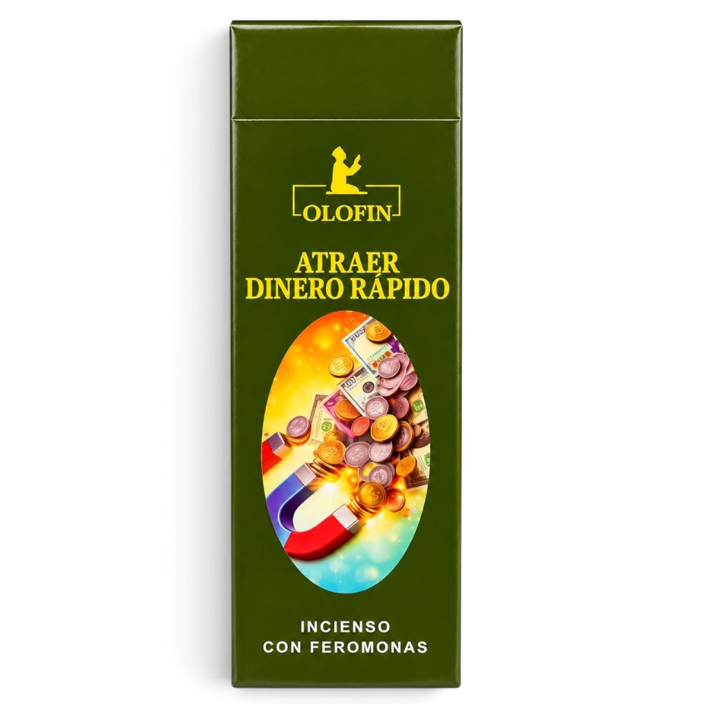 A tall rectangular green box for Olofin 'Atraer Dinero Rápido' incense with feromonas, featuring yellow text and a colorful graphic of coins and a magnet on the front.