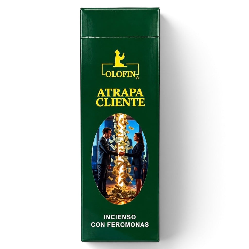 A tall rectangular green box of Olofin Atrapa Cliente incense with feromonas, featuring yellow branding and a central oval illustration of two people surrounded by gold coins.